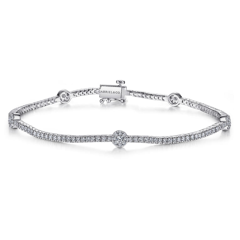 14K White Gold Diamond Tennis Bracelet with Round Cluster Stations - 1.25 ct - Shot 1