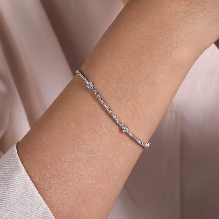 14K White Gold Diamond Tennis Bracelet with Round Cluster Stations - 1.25 ct - Shot 3