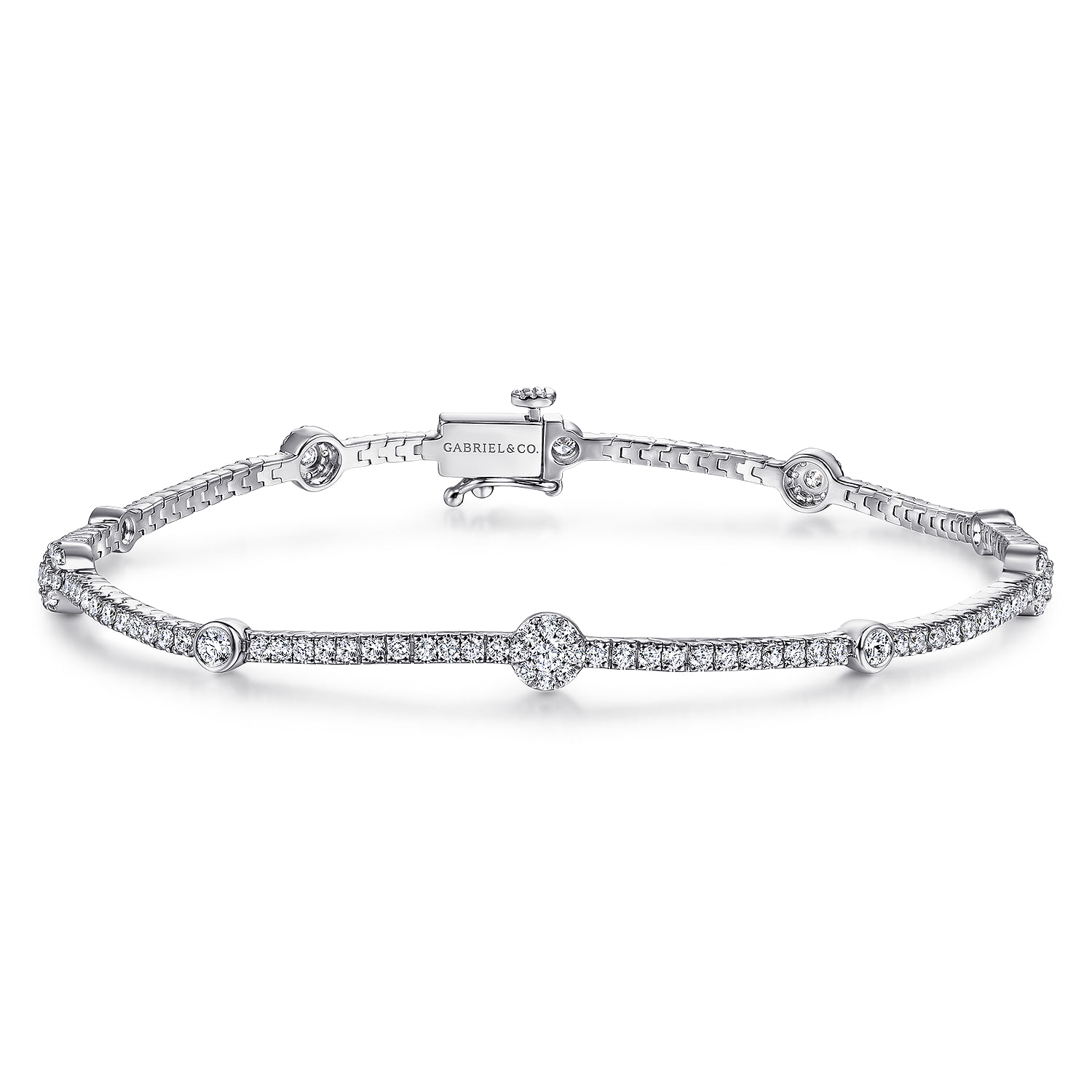 14K White Gold Diamond Tennis Bracelet with Round Cluster Stations