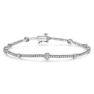 14K White Gold Diamond Tennis Bracelet with Round Cluster Stations
