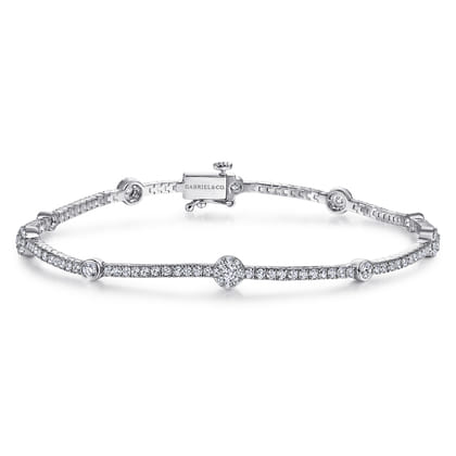 14K White Gold Diamond Tennis Bracelet with Round Cluster Stations