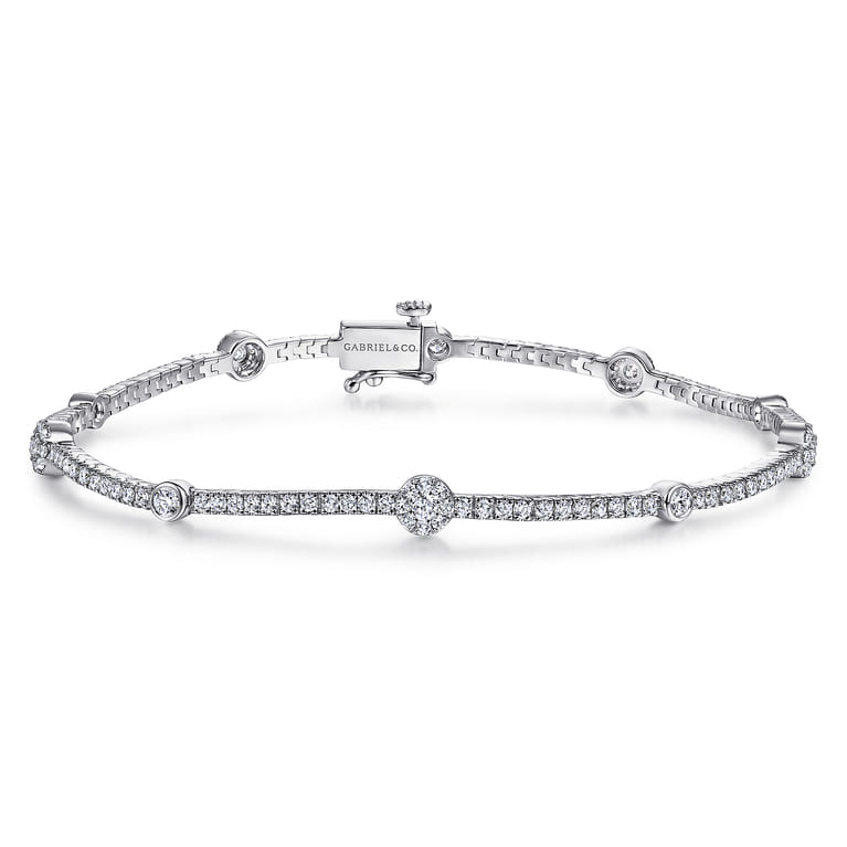 14K White Gold Diamond Tennis Bracelet with Round Cluster Stations - 1.4 ct - Shot 1