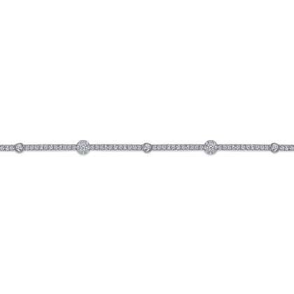 14K White Gold Diamond Tennis Bracelet with Round Cluster Stations