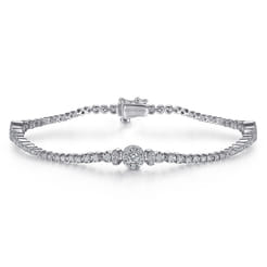 14K White Gold Diamond Tennis Bracelet with Round Cluster Stations