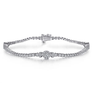 14K White Gold Diamond Tennis Bracelet with Round Cluster Stations