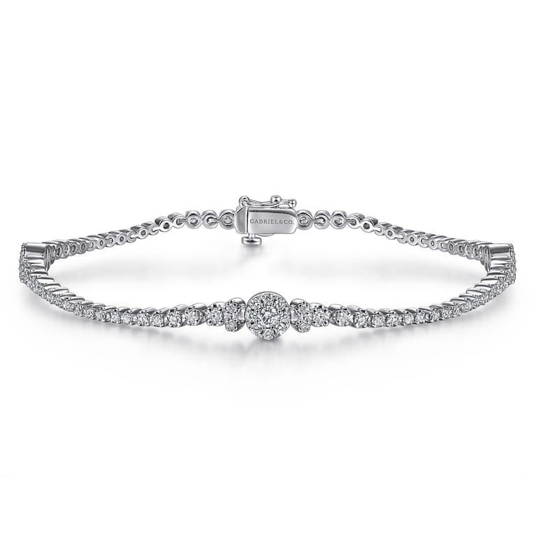 14K White Gold Diamond Tennis Bracelet with Round Cluster Stations - 1.6 ct - Shot 1