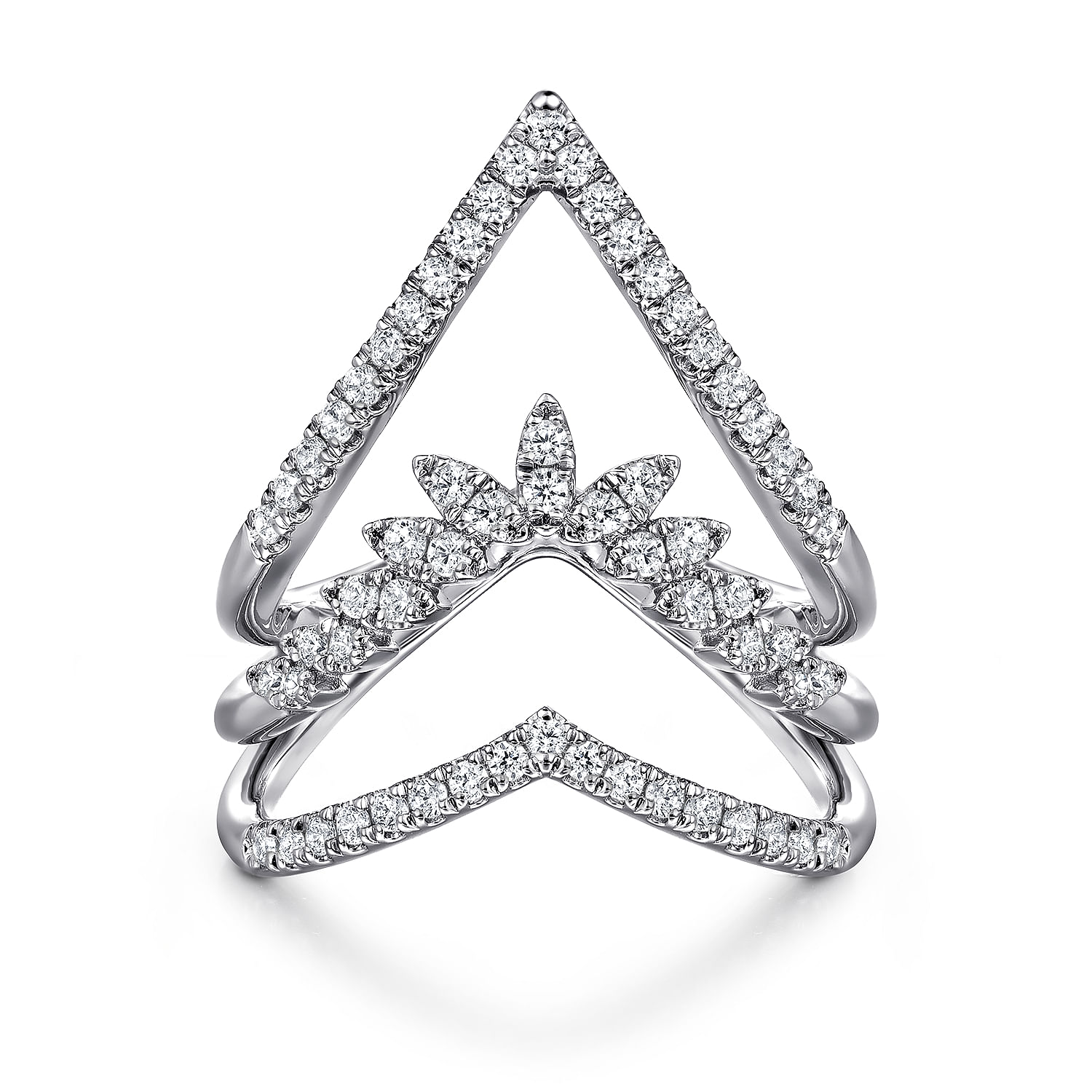 14K White Gold Diamond Triple Row Chevron Ladies Ring