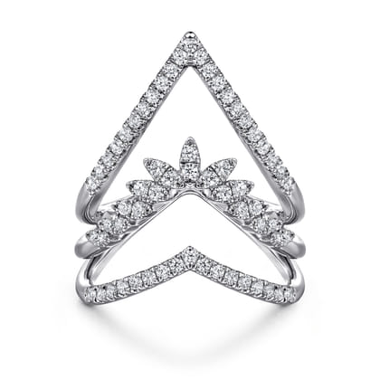 14K White Gold Diamond Triple Row Chevron Ladies Ring