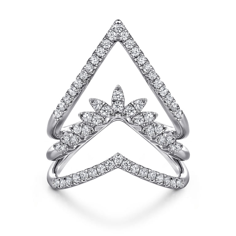 14K White Gold Diamond Triple Row Chevron Ladies Ring - 0.5 ct - Shot 1