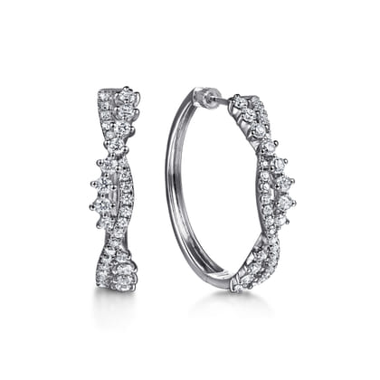 14K White Gold Diamond Twisted Intricate Hoop Earrings