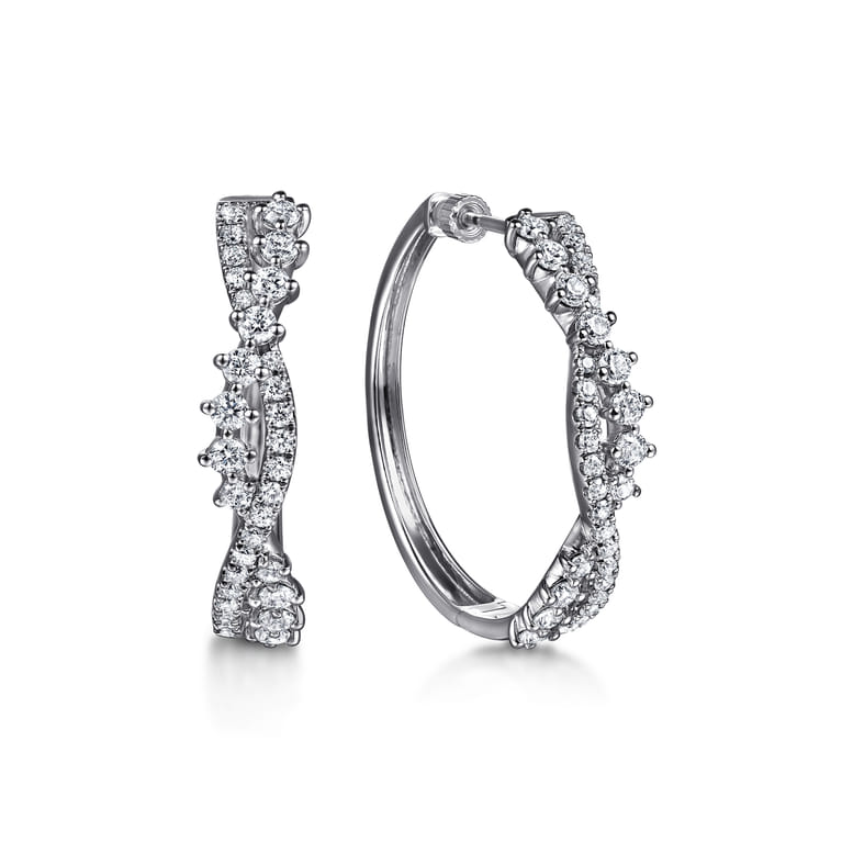 14K White Gold Diamond Twisted Intricate Hoop Earrings - 1.7 ct - Shot 1
