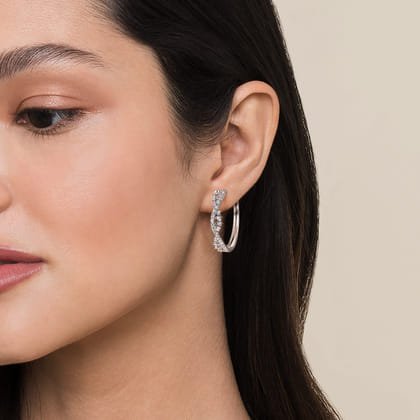 14K White Gold Diamond Twisted Intricate Hoop Earrings