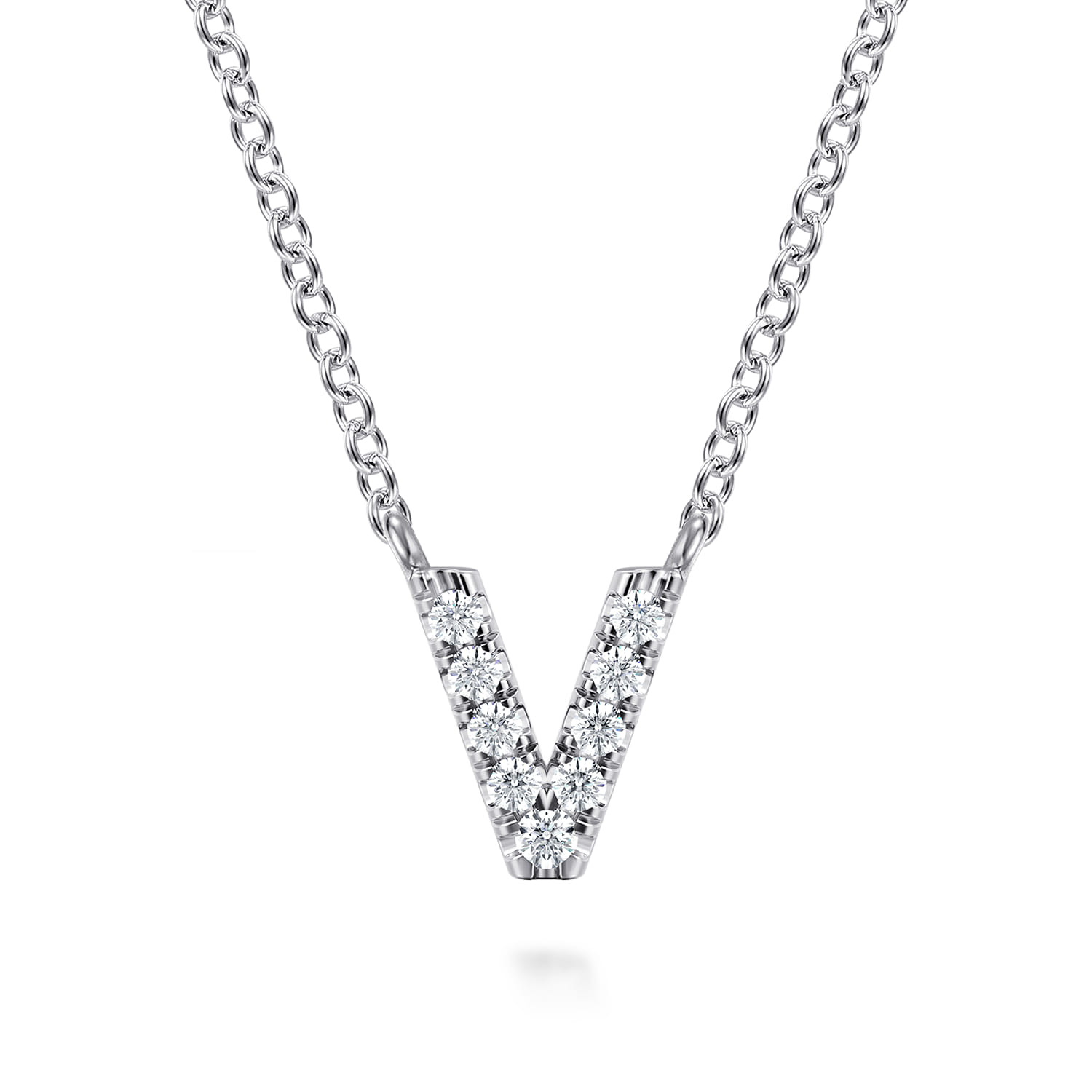 14K White Gold Diamond V Initial Pendant Necklace - 0.06 ct - Shot 1