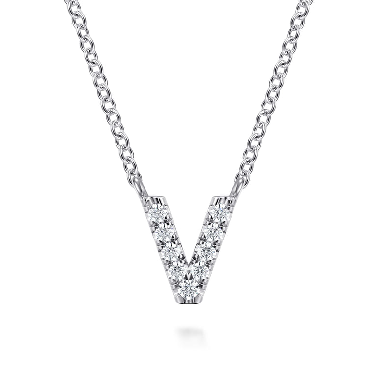 14K White Gold Diamond V Initial Pendant Necklace - 0.06 ct - Shot 1