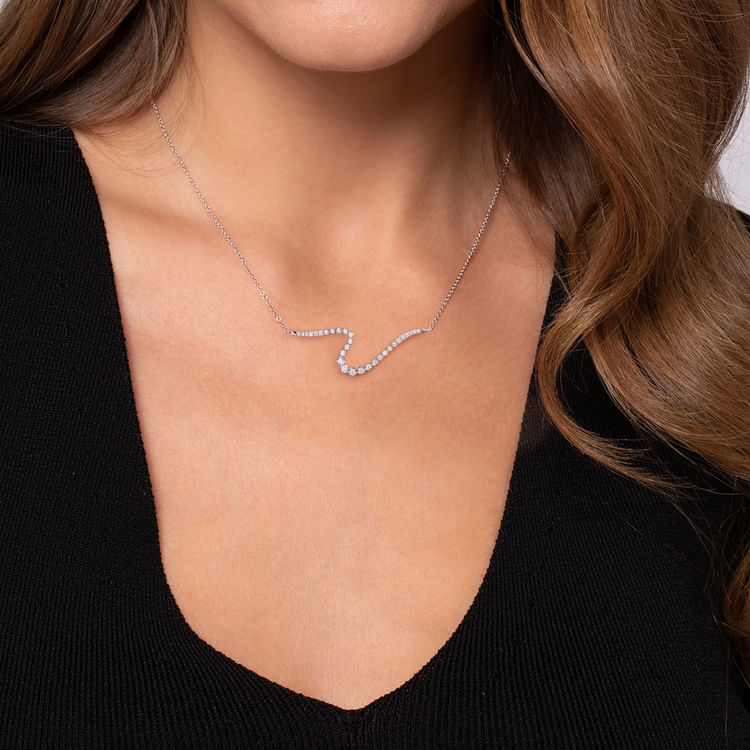 14K White Gold Diamond Wave Bar Necklace