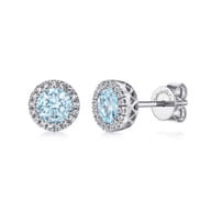 14K White Gold Diamond and Aquamarine Halo Stud Earrings