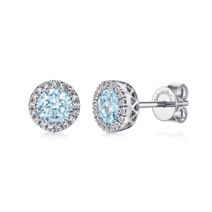 14K White Gold Diamond and Aquamarine Halo Stud Earrings