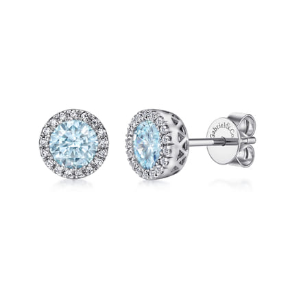 14K White Gold Diamond and Aquamarine Halo Stud Earrings