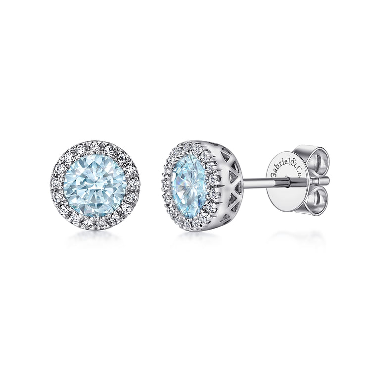 14K White Gold Diamond and Aquamarine Halo Stud Earrings