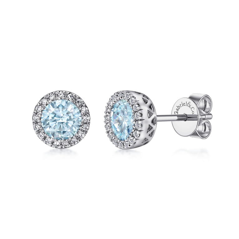 14K White Gold Diamond and Aquamarine Halo Stud Earrings - 0.1 ct - Shot 1