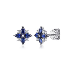14K White Gold Diamond and Blue Sapphire Bursting Star Studs