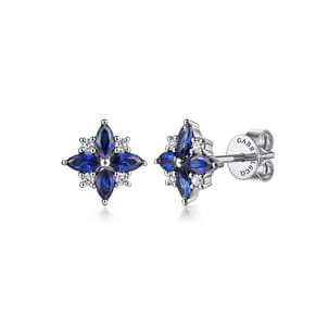 14K White Gold Diamond and Blue Sapphire Bursting Star Studs