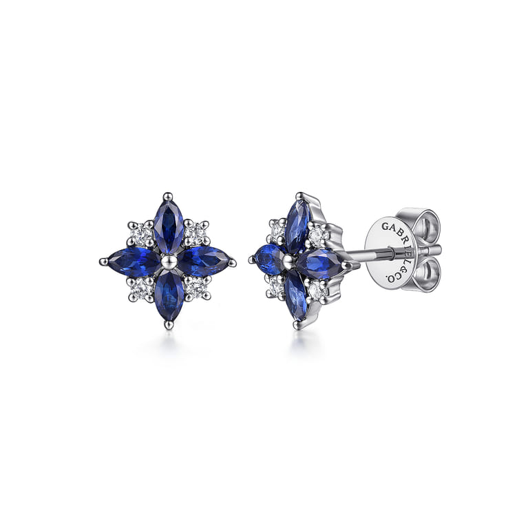 14K White Gold Diamond and Blue Sapphire Bursting Star Studs - 0.12 ct - Shot 1
