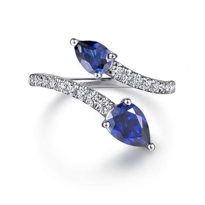 14K White Gold Diamond and Blue Sapphire Bypass Ring