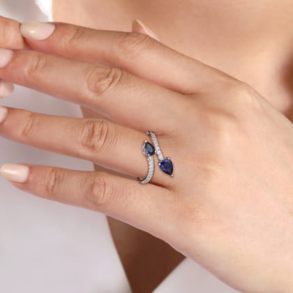 14K White Gold Diamond and Blue Sapphire Bypass Ring