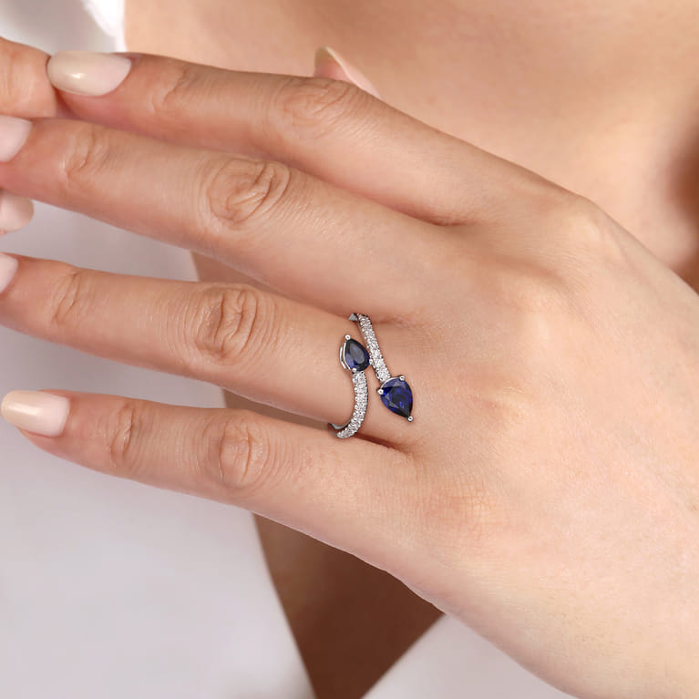 14K White Gold Diamond and Blue Sapphire Bypass Ring - 0.25 ct - Shot 5