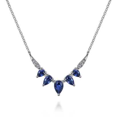 14K White Gold Diamond and Blue Sapphire Chevron Bar Necklace