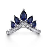 14K White Gold Diamond and Blue Sapphire Chevron Ring