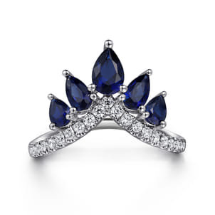 14K White Gold Diamond and Blue Sapphire Chevron Ring