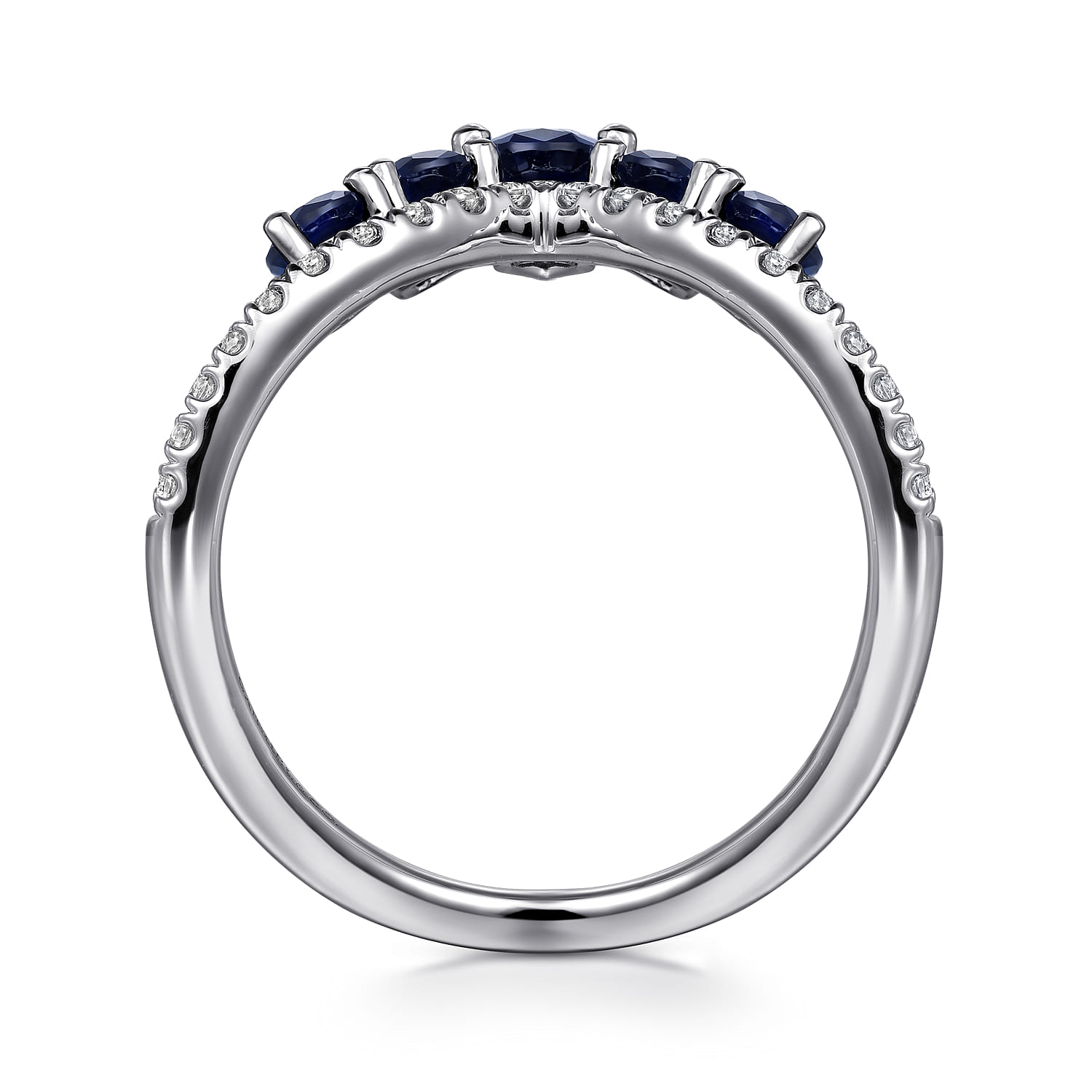 14K White Gold Diamond and Blue Sapphire Chevron Ring