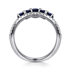 14K White Gold Diamond and Blue Sapphire Chevron Ring