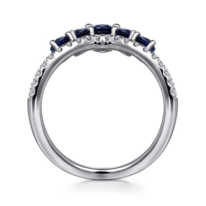 14K White Gold Diamond and Blue Sapphire Chevron Ring