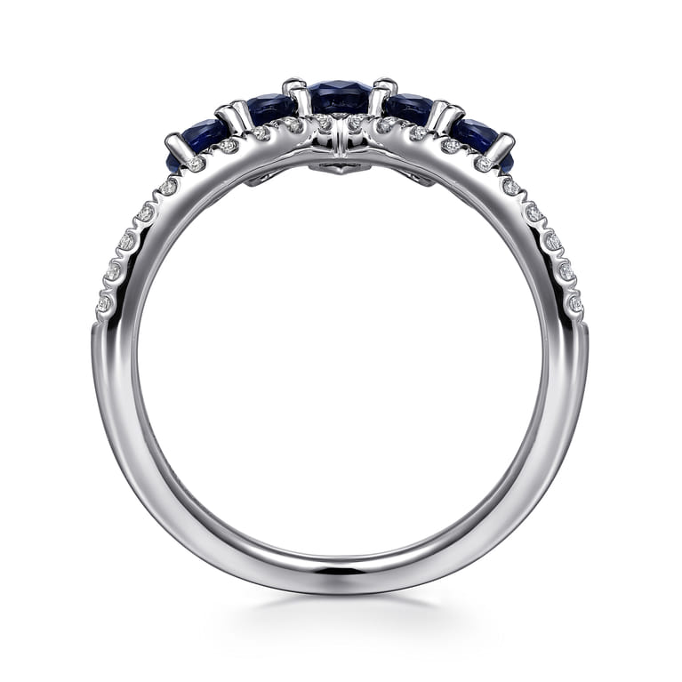 14K White Gold Diamond and Blue Sapphire Chevron Ring - 0.23 ct - Shot 2