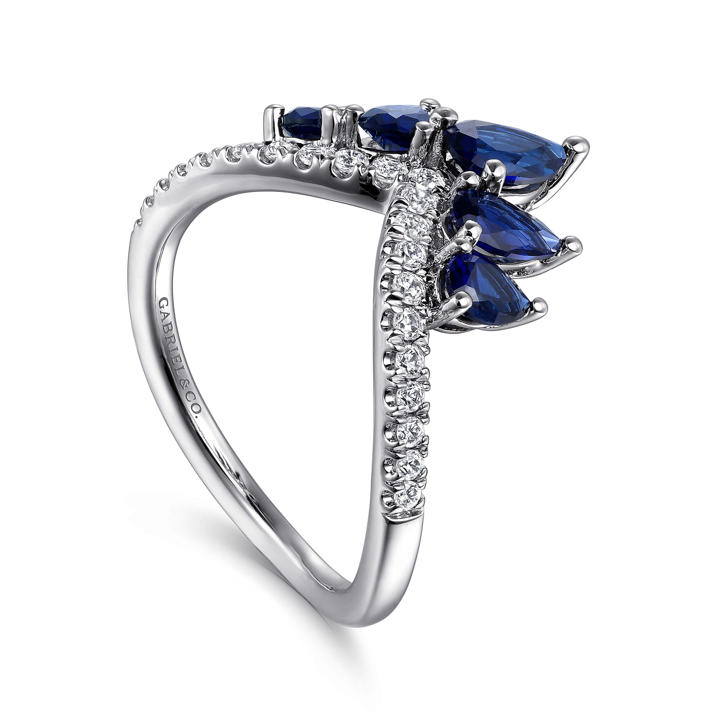 14K White Gold Diamond and Blue Sapphire Chevron Ring