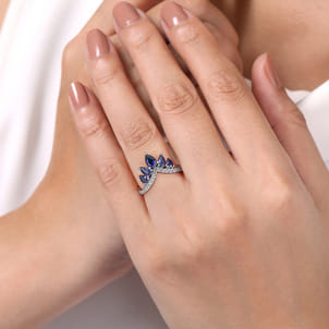 14K White Gold Diamond and Blue Sapphire Chevron Ring