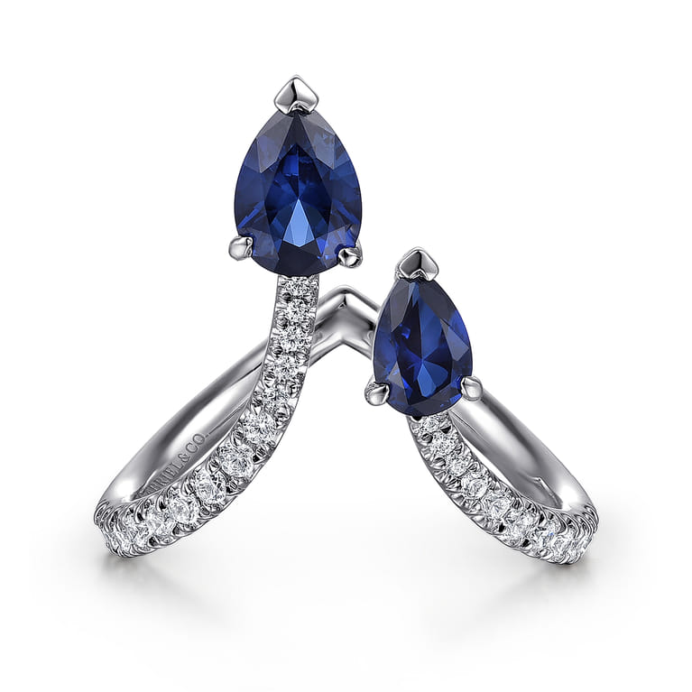 14K White Gold Diamond and Blue Sapphire Chevron Ring - 0.25 ct - Shot 1