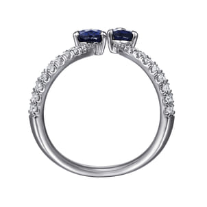 14K White Gold Diamond and Blue Sapphire Chevron Ring