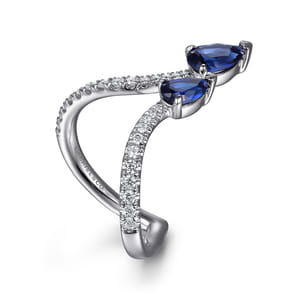 14K White Gold Diamond and Blue Sapphire Chevron Ring