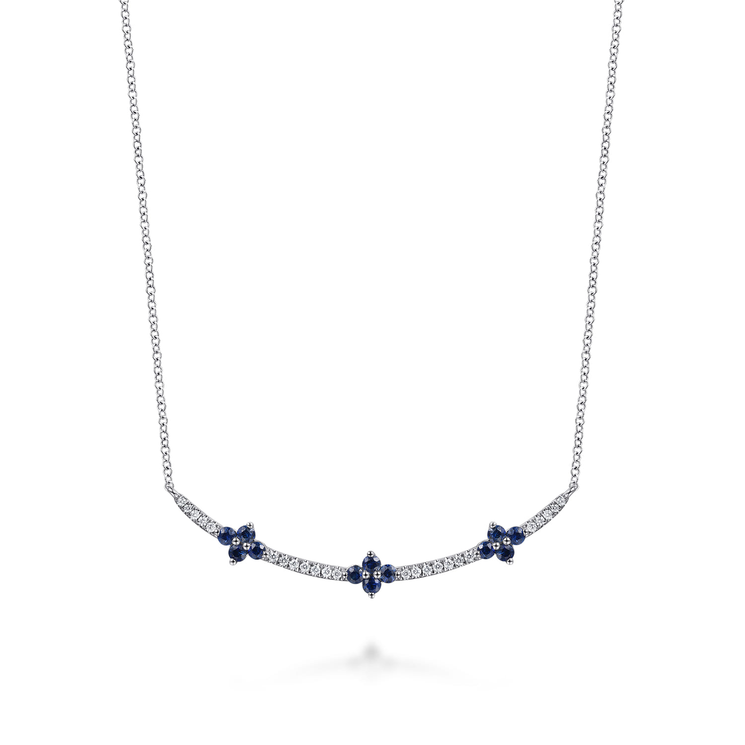 14K White Gold Diamond and Blue Sapphire Clover Bar Necklace - 0.13 ct - Shot 1