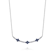 14K White Gold Diamond and Blue Sapphire Clover Bar Necklace