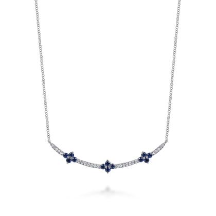 14K White Gold Diamond and Blue Sapphire Clover Bar Necklace