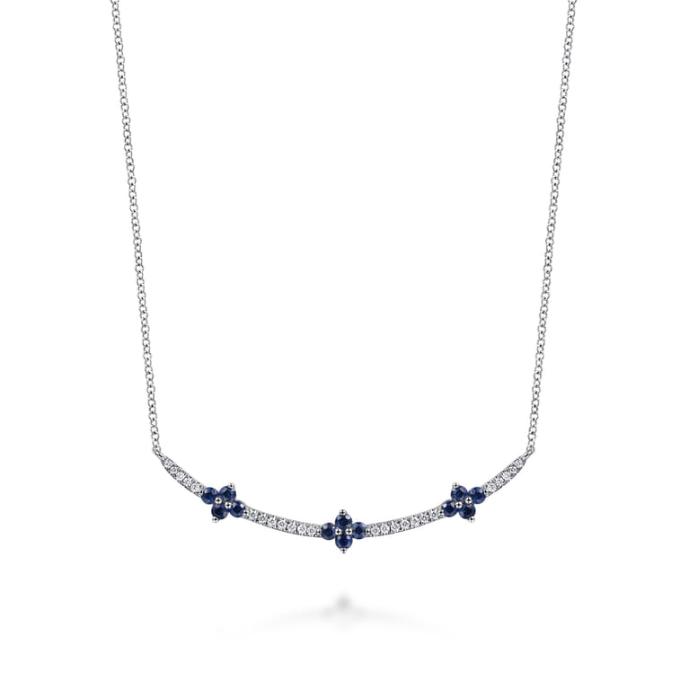 14K White Gold Diamond and Blue Sapphire Clover Bar Necklace - 0.13 ct - Shot 1