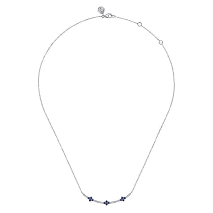 14K White Gold Diamond and Blue Sapphire Clover Bar Necklace