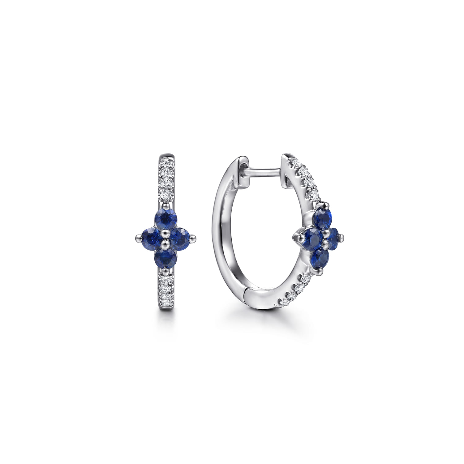 14K White Gold Diamond and Blue Sapphire Clover Huggie Earrings - 0.09 ct - Shot 1