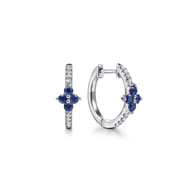 14K White Gold Diamond and Blue Sapphire Clover Huggie Earrings