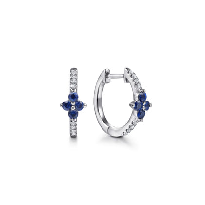 14K White Gold Diamond and Blue Sapphire Clover Huggie Earrings